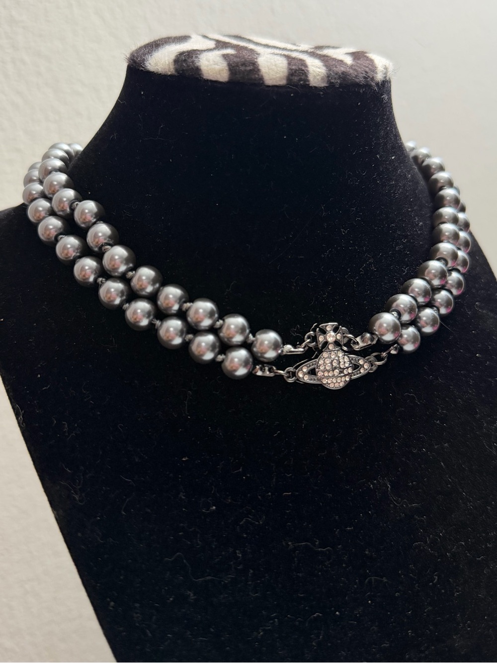 Double Strand Gray Pearl Necklace with Crystal Clasp